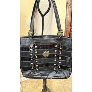 Kate Landry Black Leather Studded‎ Tote Bag Large Paisley Lined Shoulder Purse
